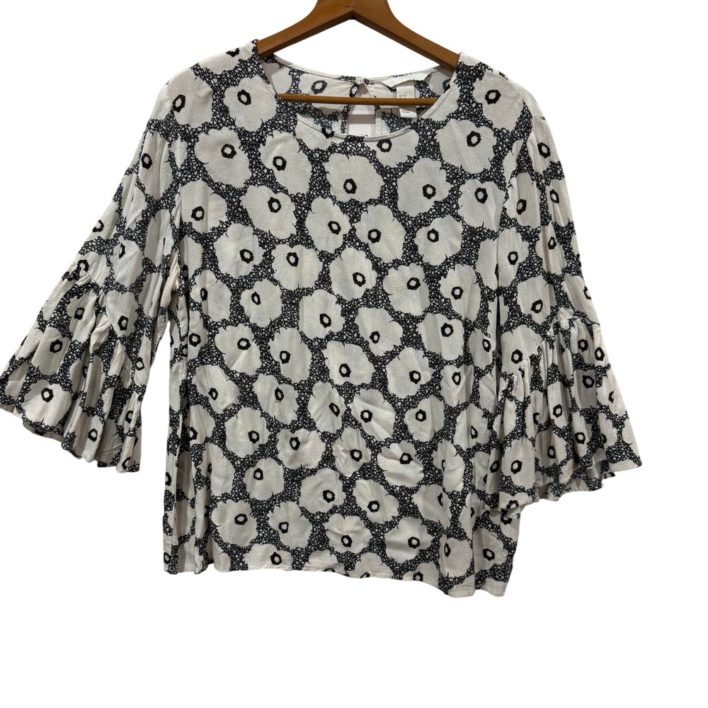 H&M Black White‎ Floral Ruffle Bell Sleeve Blouse Size 12 Boho Viscose Top